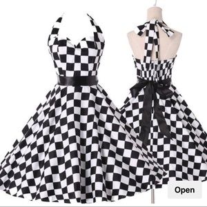 Vintage Checkerboard Halter Top Swing Dress